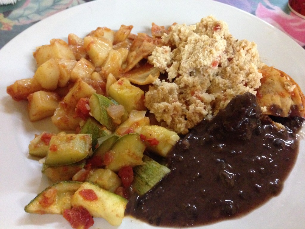 My breakfast plate: The chilaquiles with tofu, black beans and steamed squash.