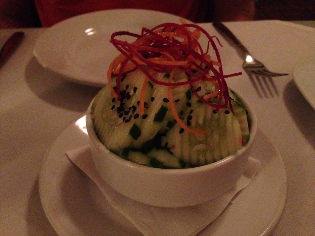 Another great starter was the Chinese cucumber salad made with a light marinade of rice wine vinegar, sesame oil and black sesame seeds.