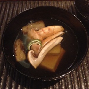 Matsutake Clear Soup with eggplant, nama-fu and yuzu zest