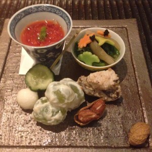 "Imomeigetsu" Seasonal Assortment for Moon Viewing: mountain yam, cucumber; tomato, okura, vinegar gelee; baby leaves, daitokujinatto; Japanese taro, royam fern, sesame; peanut; grapes with tofu puree