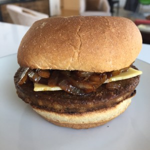My vegan burger, all loaded up and ready to test